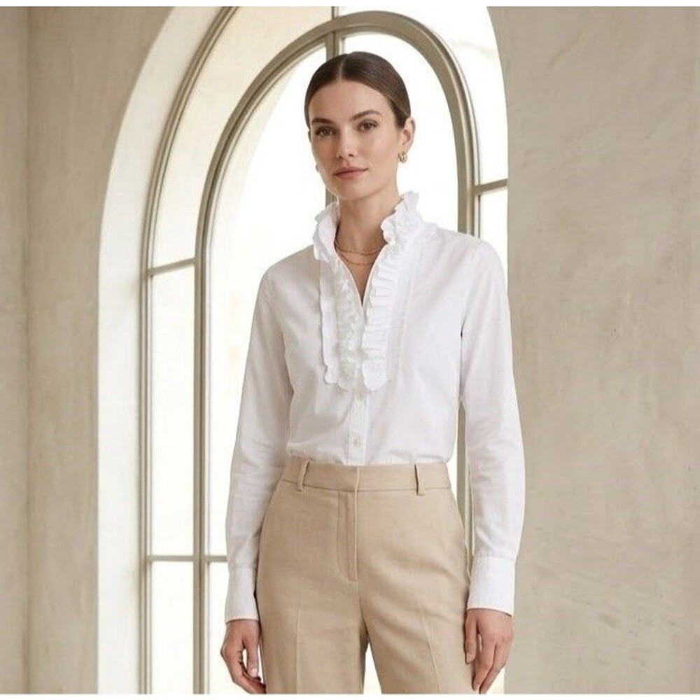 J Crew White Ruffle Collar Tuxedo Button Down Shirt Blouse Pleated Bib Victorian